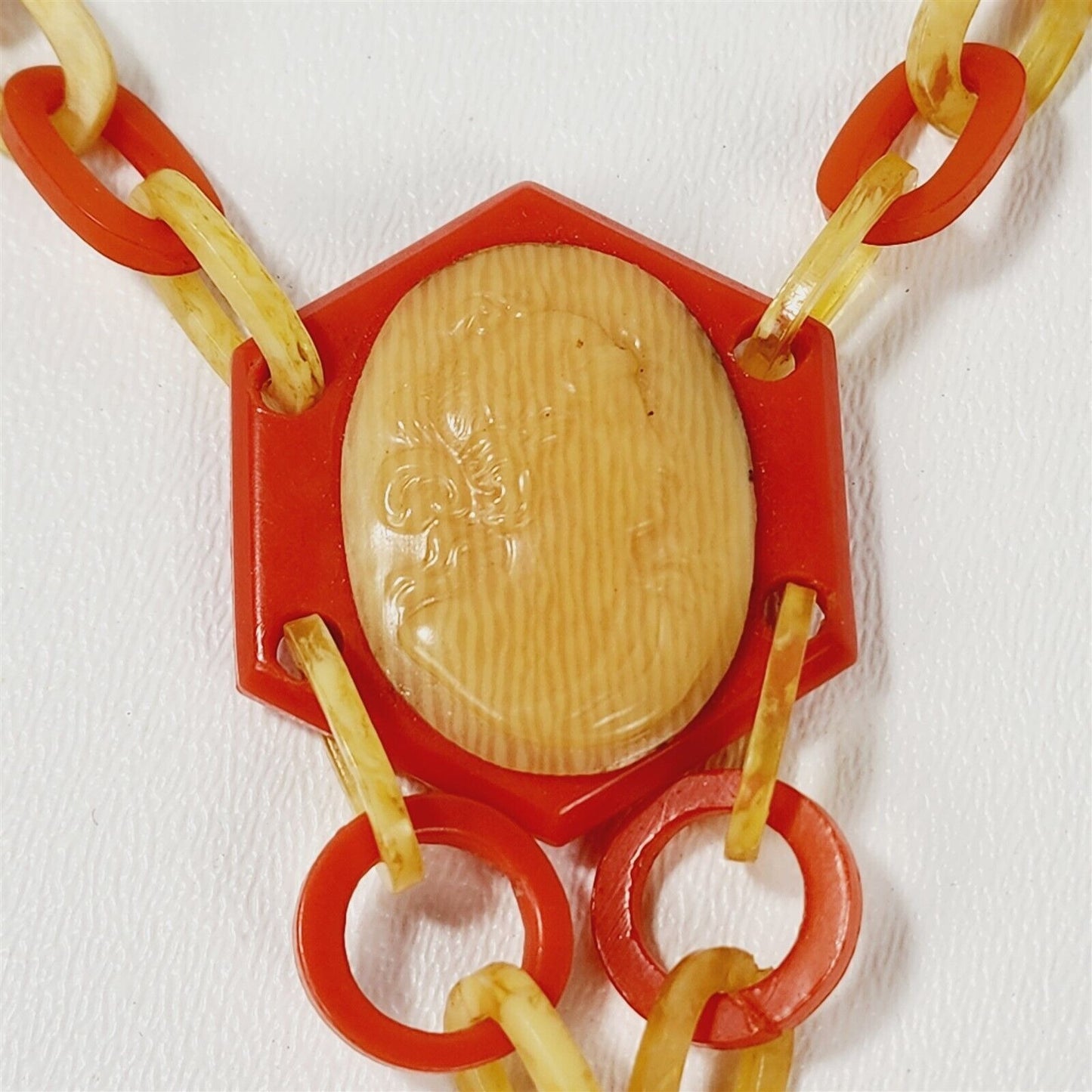 Vintage Yellow & Orange Celluloid Cameo Chain Link Necklace - 15"