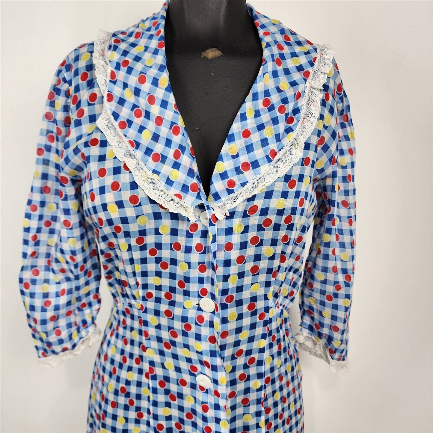 Vintage 1930s Organdy Polka Dot Blue Plaid Summer Day Dress