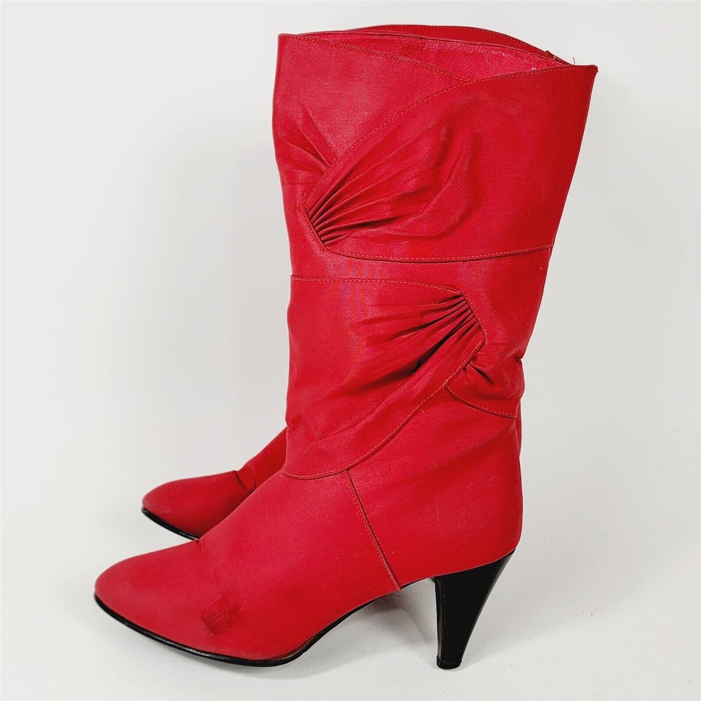 Vintage Hanna Red Canvas Mid Calf Heeled Boots Size 7