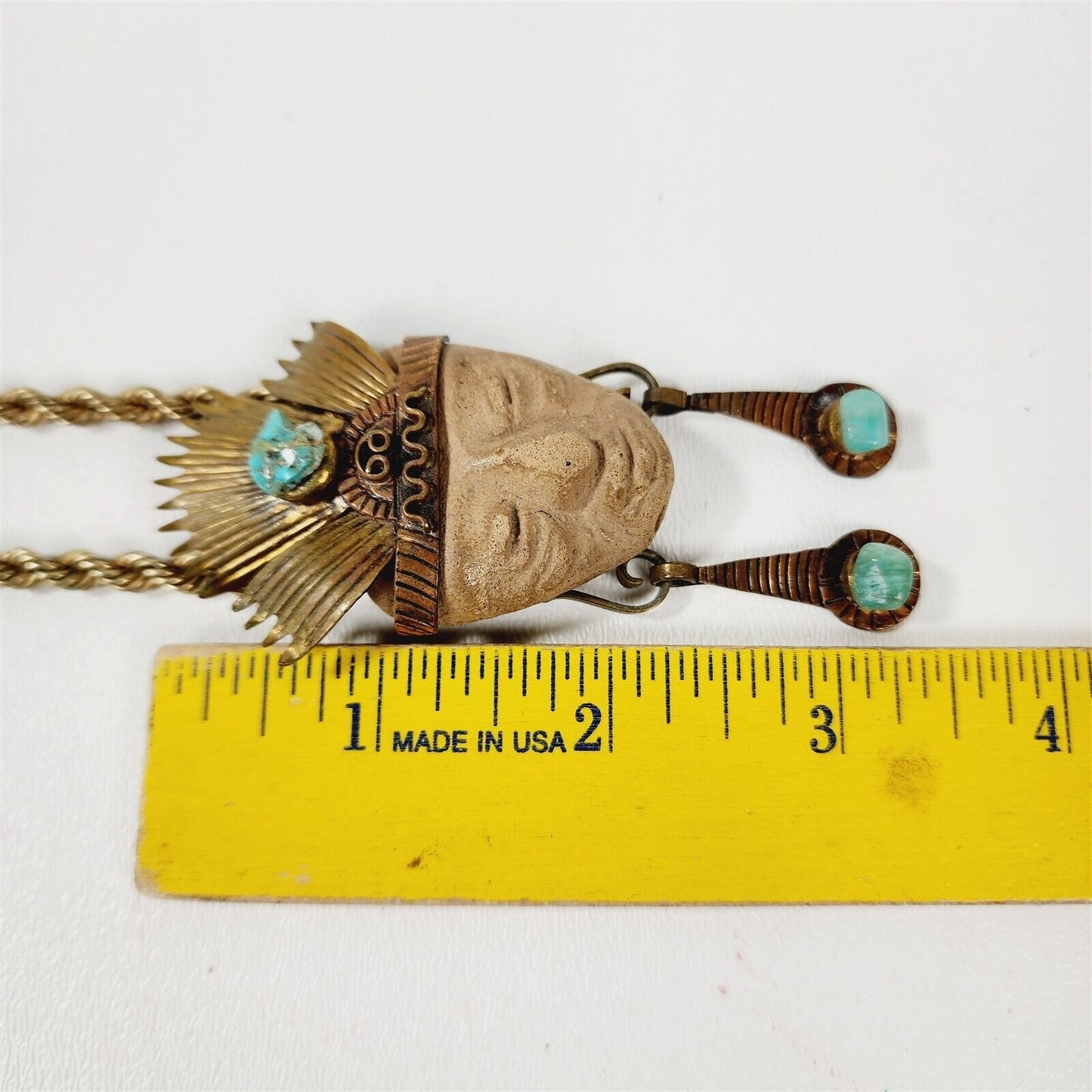 Vintage Aztec Warrior Face Brooch Pendant Ethnic Tribal Necklace