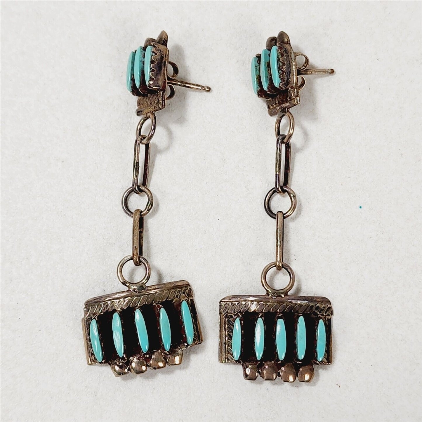 Vintage Native American Zuni Sterling Silver Turquoise Dangle Earrings