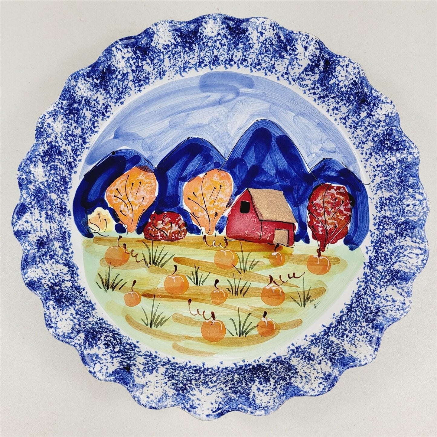 Mesa International Pie Quiche Dish Pan Plate Blue Edge Pumpkin Patch Farm 10"