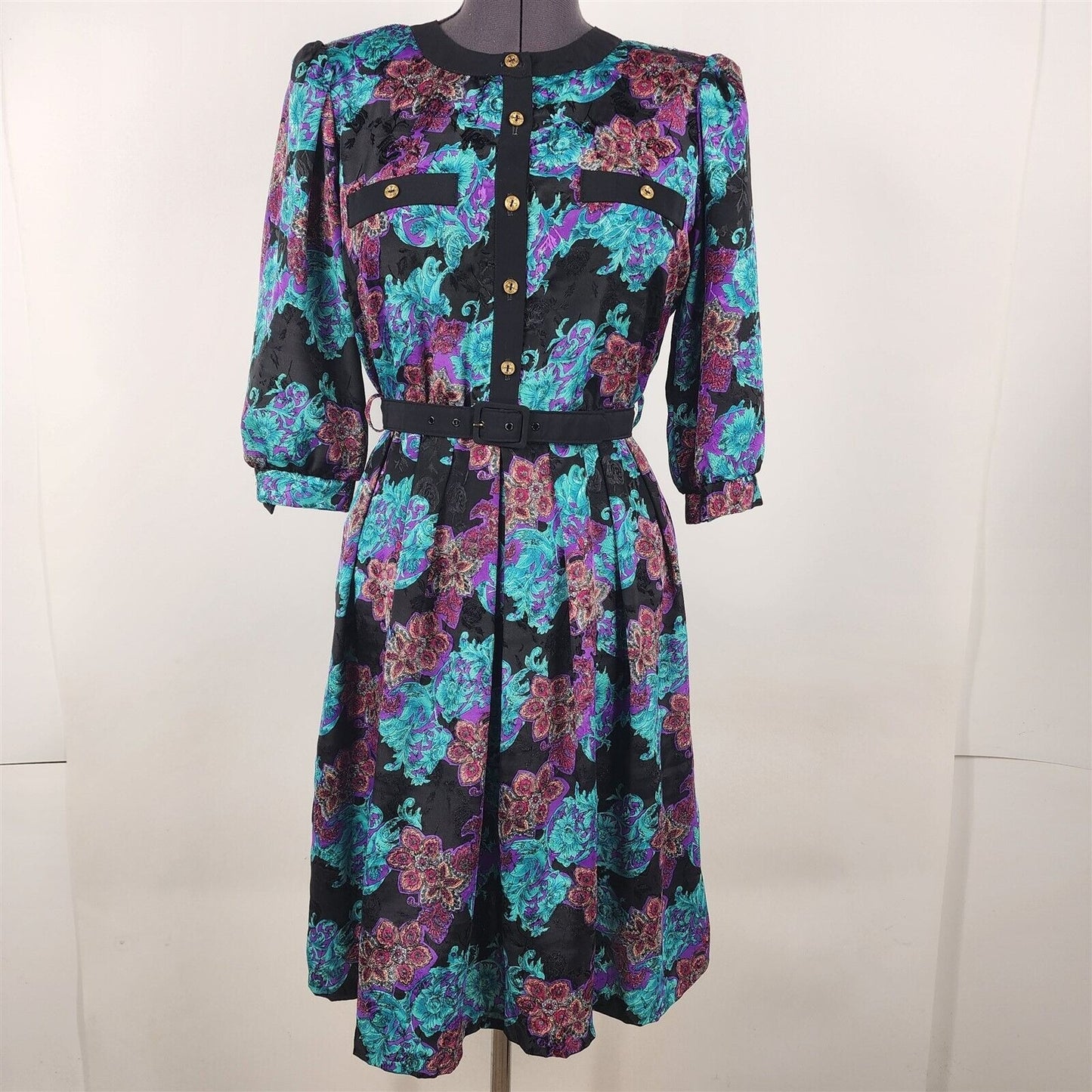 Vintage Breli Originals Blue Purple Black Floral 3/4 Sleeve Dress Size 8