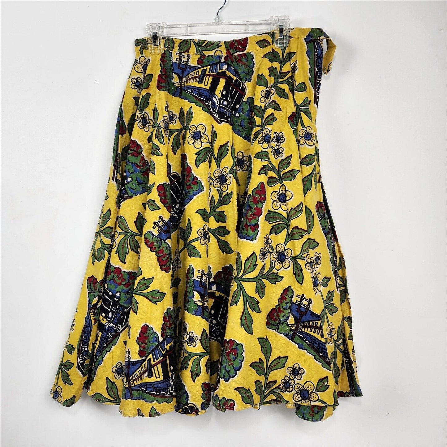 Vintage 1950s Floral Novelty Print Trains Railroad Circle Swing Skirt