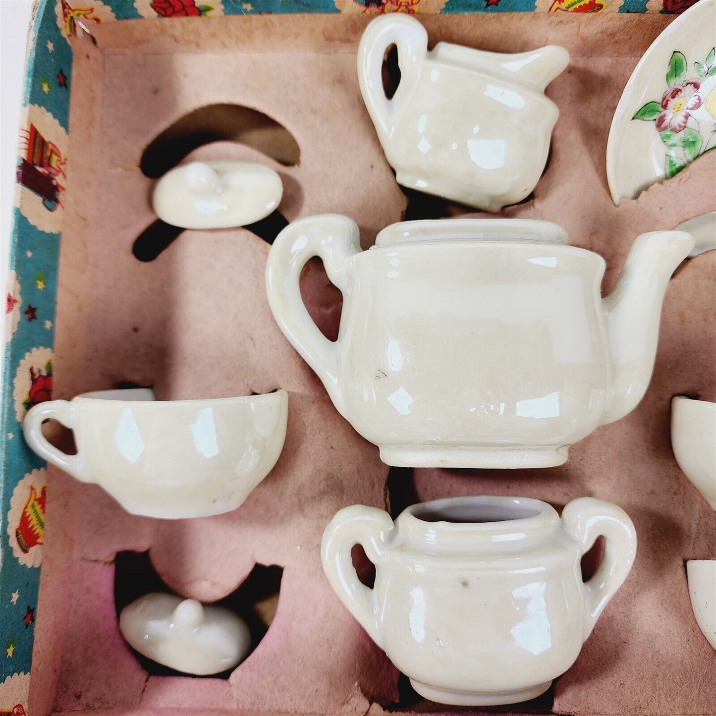 Vintage 7 Piece Lusterware Childs Tea Set Cream Floral Dishes in Original Box