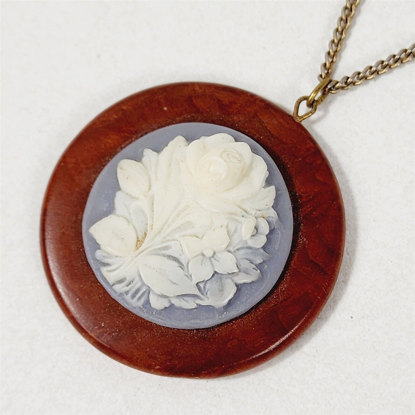 Vintage Flower Carved Cameo Wood Back Necklace with Clip On Earrings