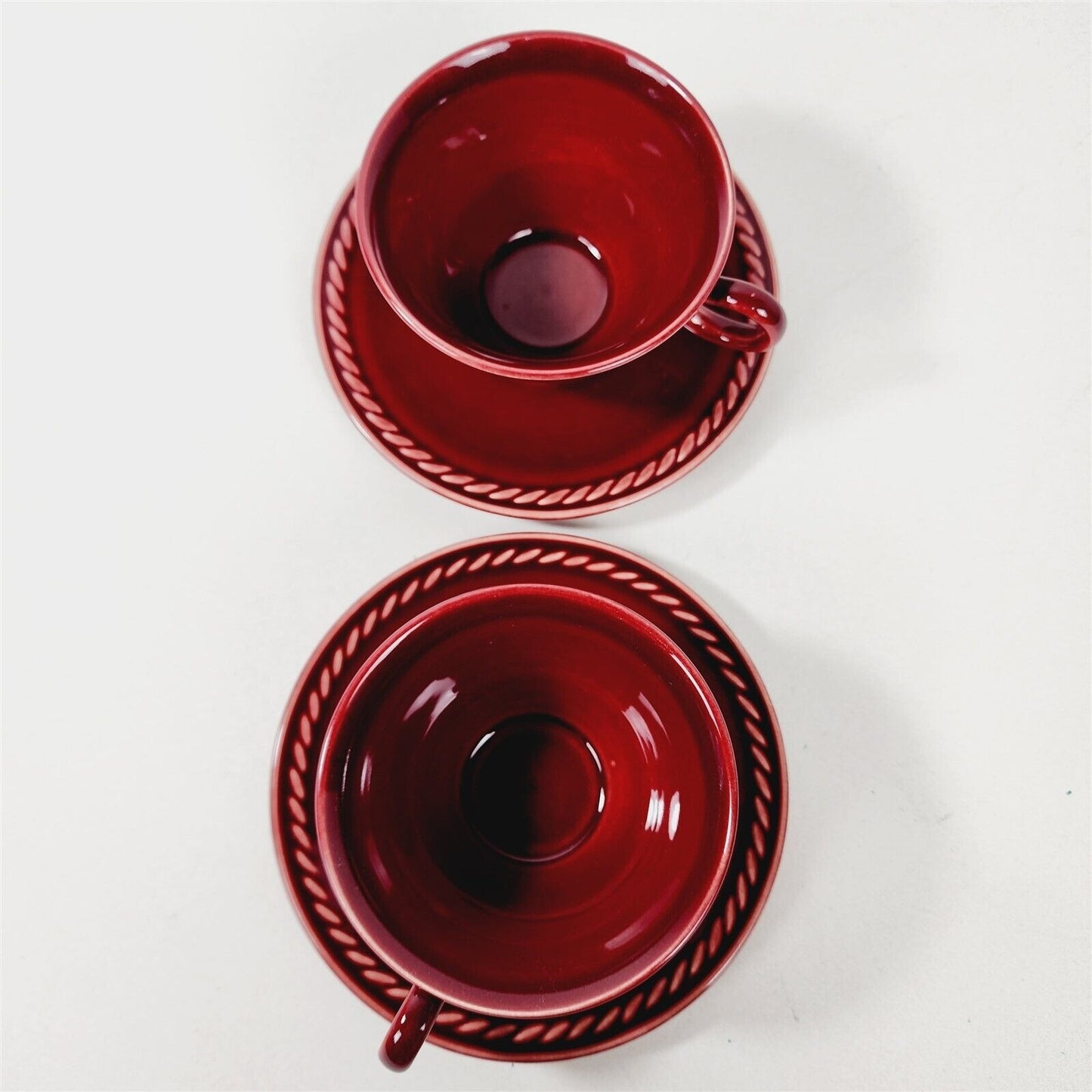 2 Vintage Rodeo by Universal Rop Teacup & Saucer Sets Red Rope Pattern