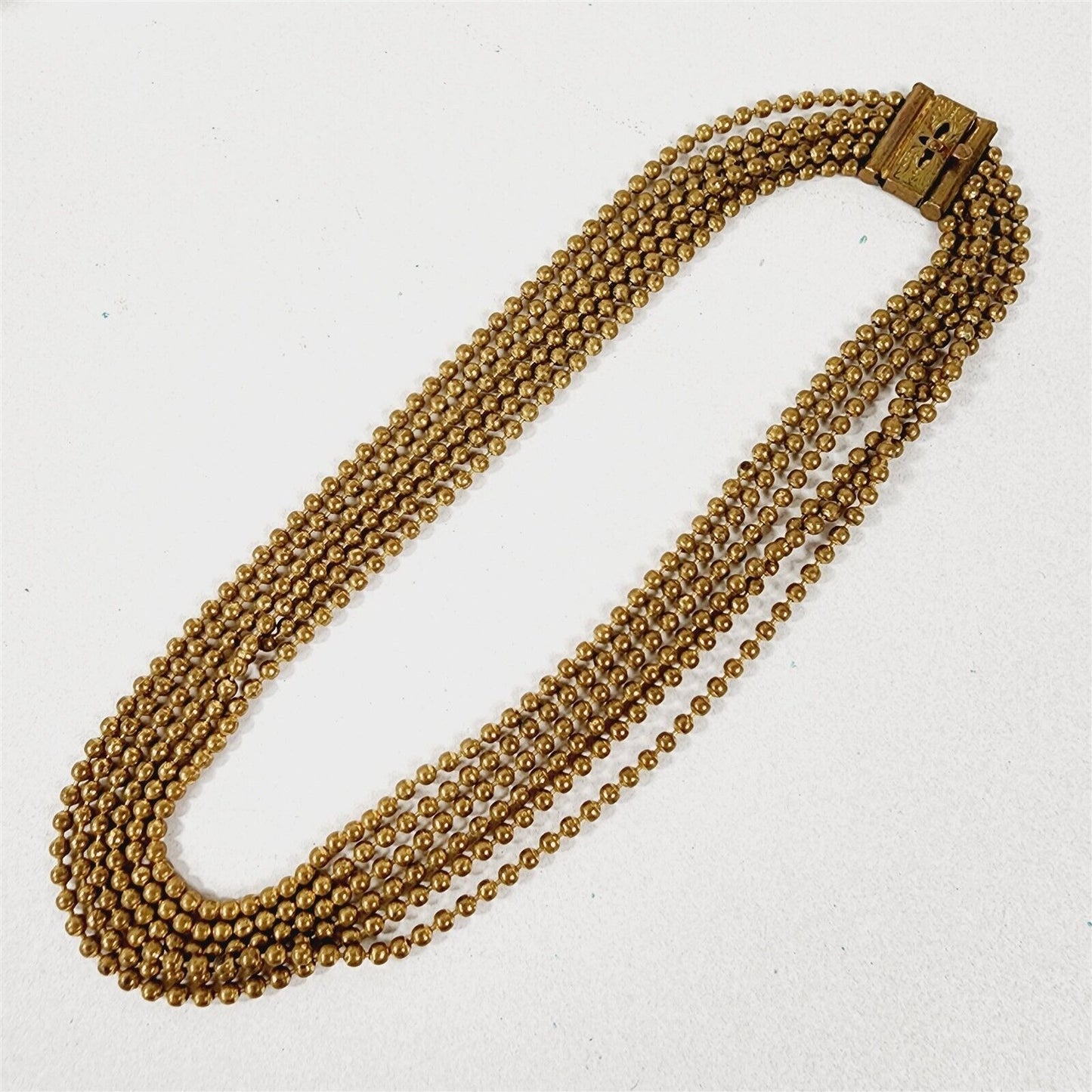 Vintage Metal Chain Bead 6 Strand Layered Choker Necklace Gold Brass Tone - 15"