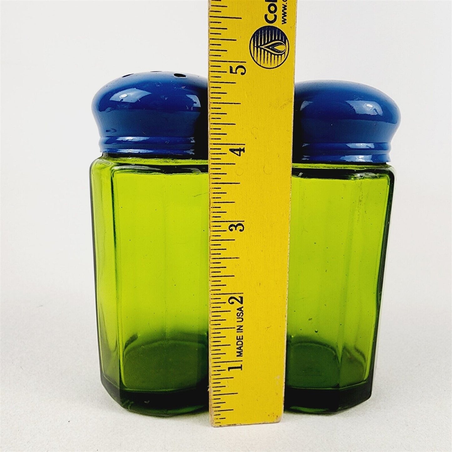 Vintage 1960s Shaker Set Green Glass Blue Metal Top Lid Made in Japan - 5" tall