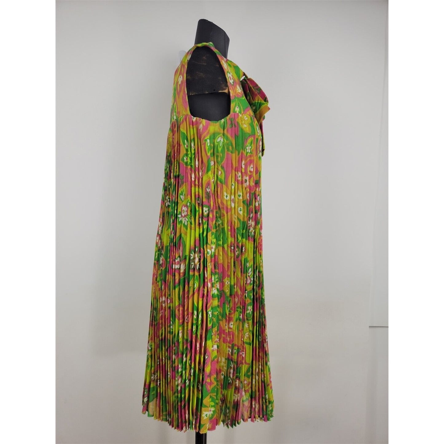 Vintage 1970s Junior Accent Frank Adams Sleeveless Floral Pleated Dress Womens S