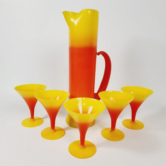 Vintage West Virginia Co Blendo Pitcher & Cocktail Glasses Bar Tiki Orange Yellow