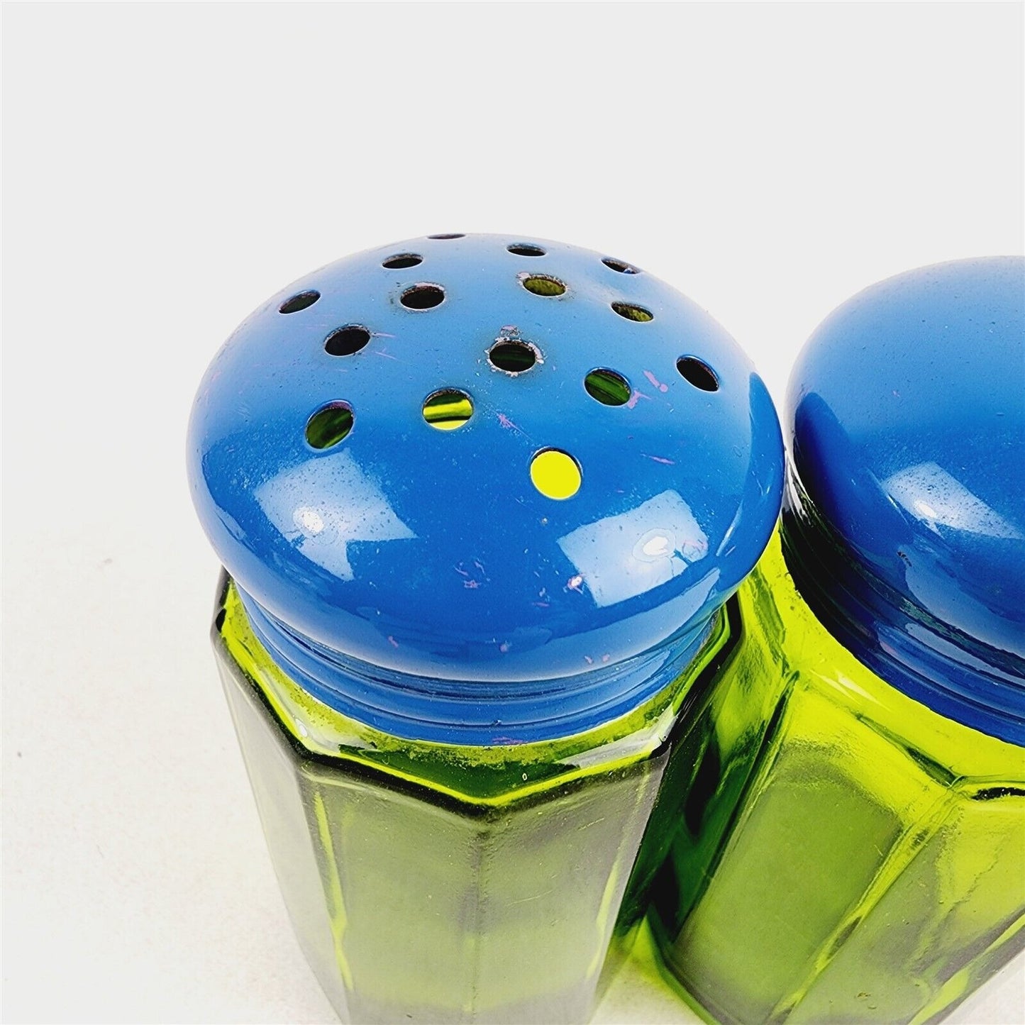 Vintage 1960s Shaker Set Green Glass Blue Metal Top Lid Made in Japan - 5" tall