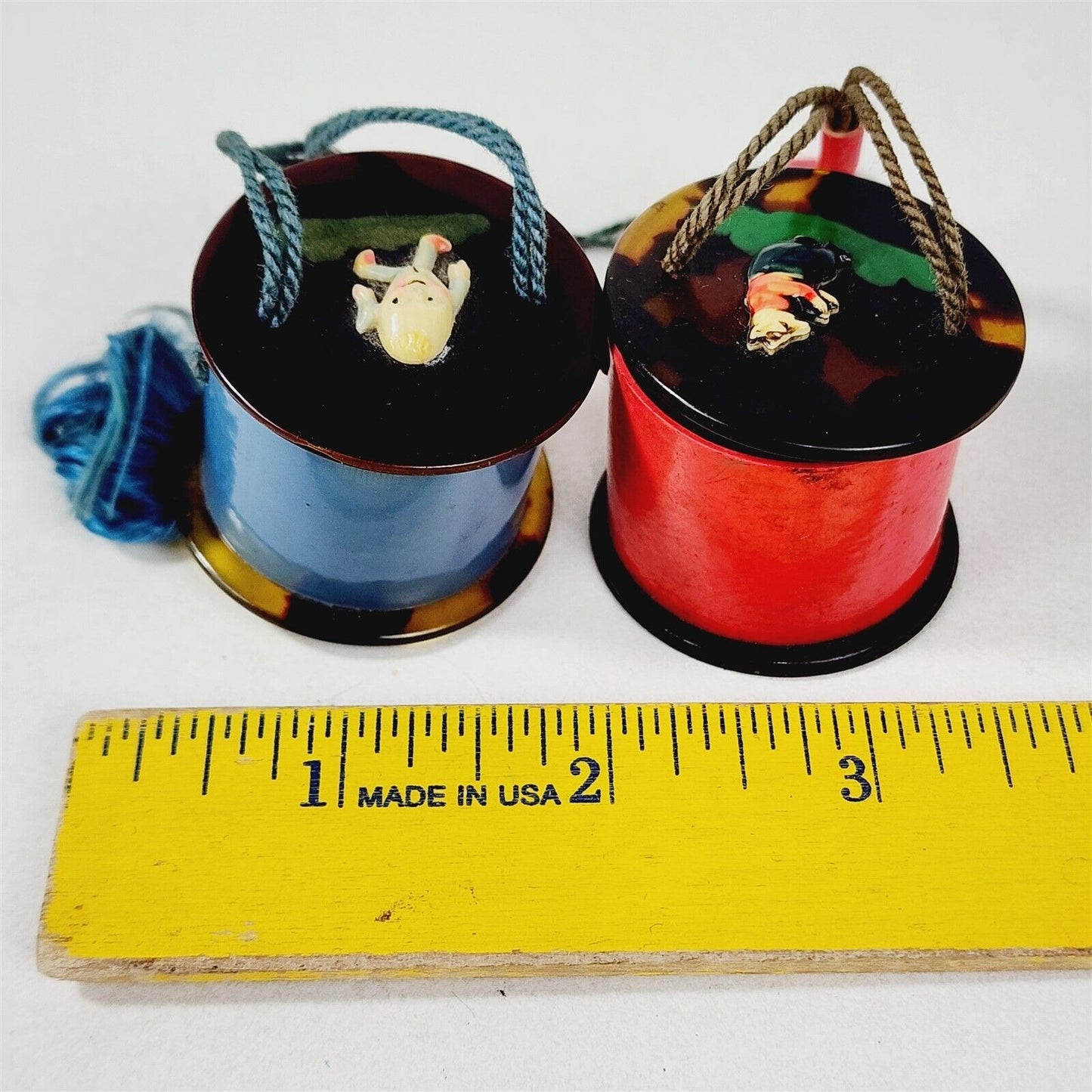 2 Vintage Celluloid Toy Doll Purses Blue Humpty Dumpty & Pink Fox/Wolf