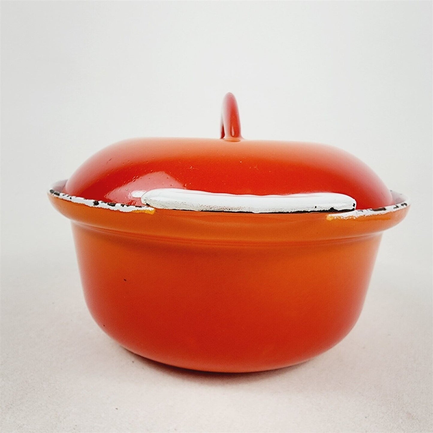 Vintage Descoware Cast Iron Enamel Orange Flame Small Pan w/ Lid Belgium 6 1/2"