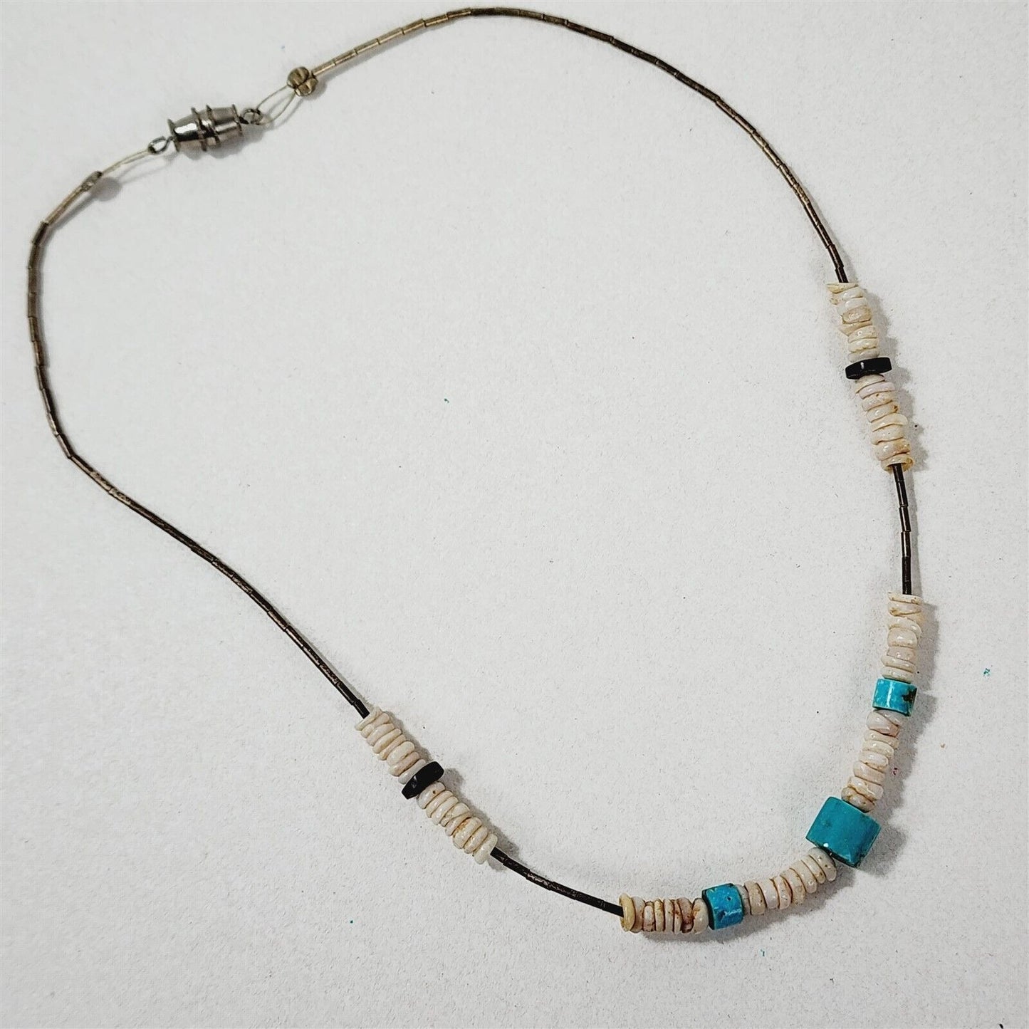 Vintage Liquid Silver Turquoise Shell Heishi Beaded Necklace Native American