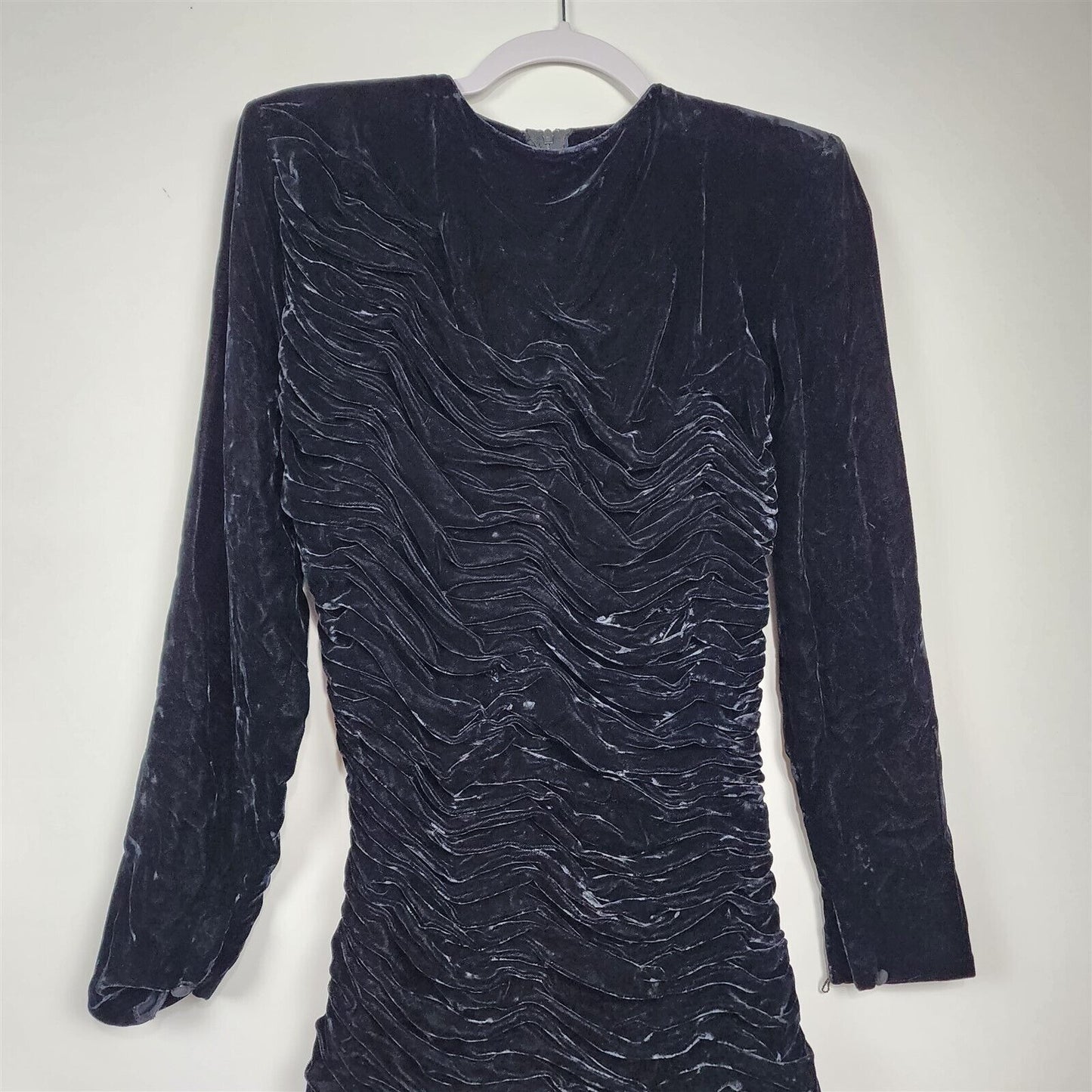 Vintage Black Velvet Rouched Bodycon Long Sleeve Dress with Fringe