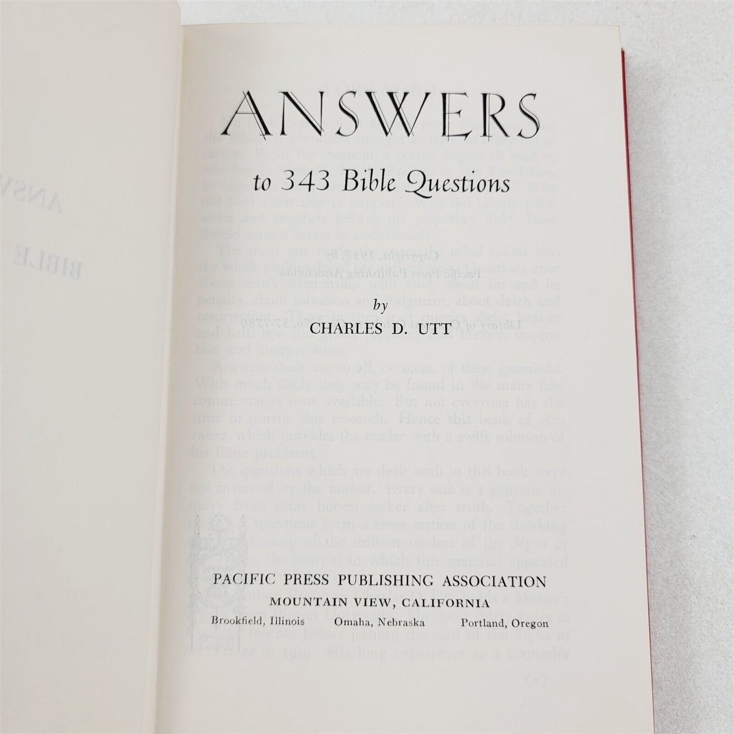 Answers by Charles D. Utt Pacific Press 1957 Hardcover w/ Dust Jacket