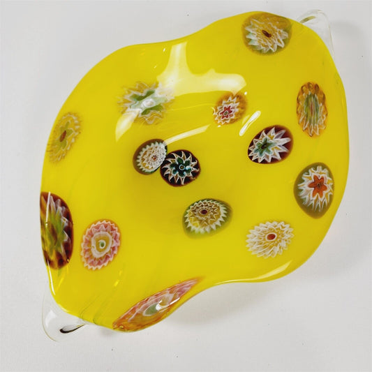 Vintage Millefiori Italy Art Glass Yellow Dish with Sticker - 12 1/2"