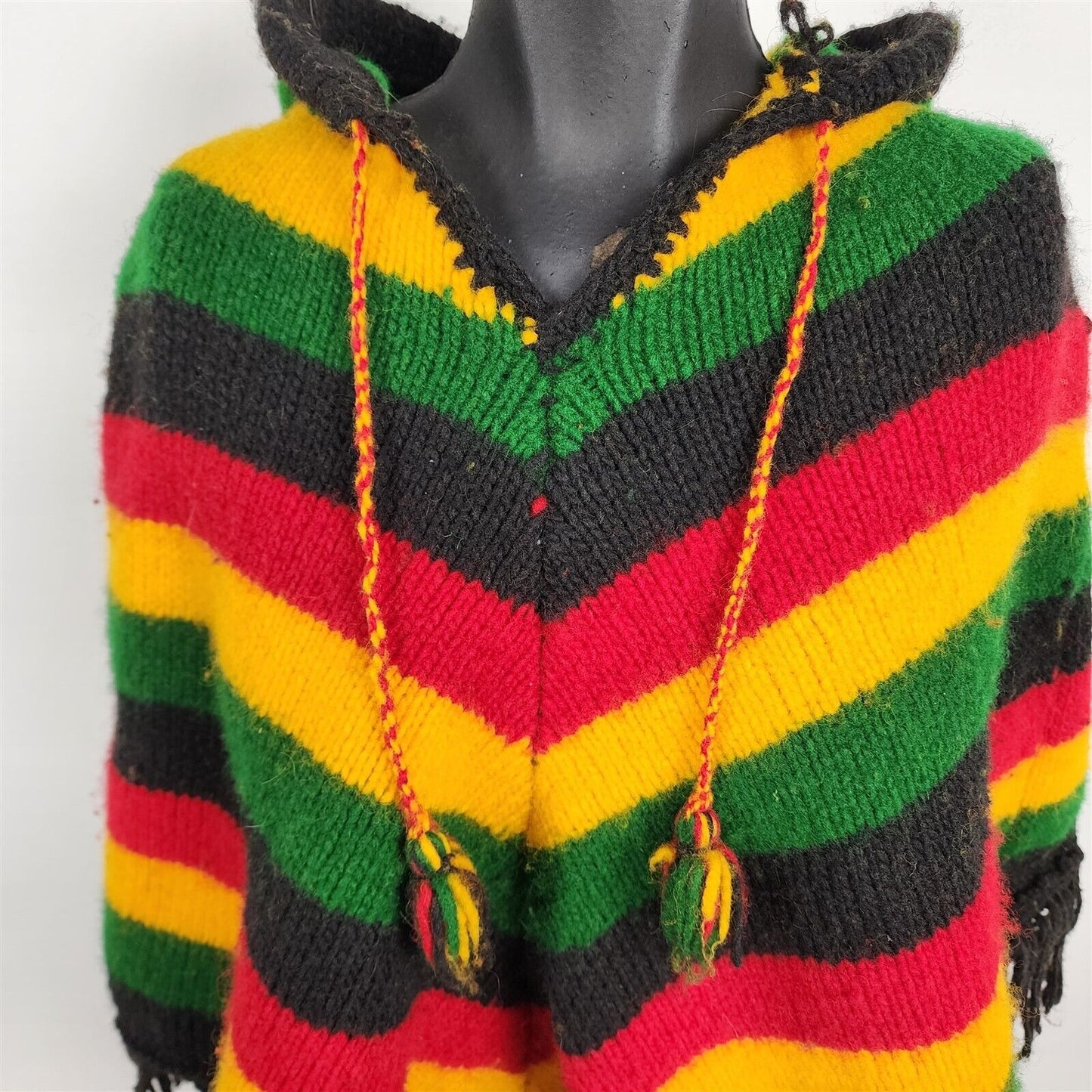 Vintage Red Yellow Green Black Striped Hooded Poncho Fringe Wool Made in Ecuador