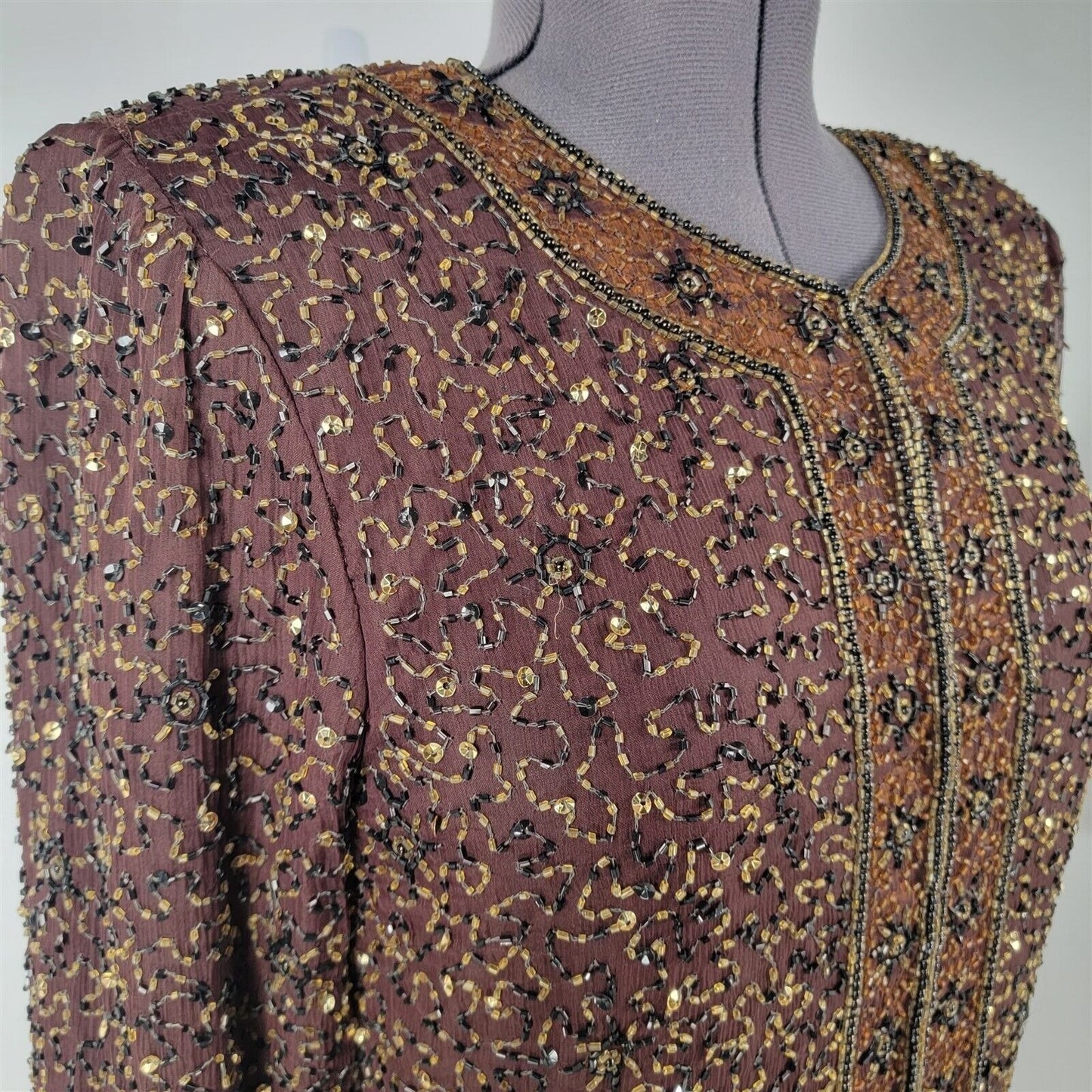 Vintage Stenay Brown Silk Full Beaded Formal Evening Jacket Womens S