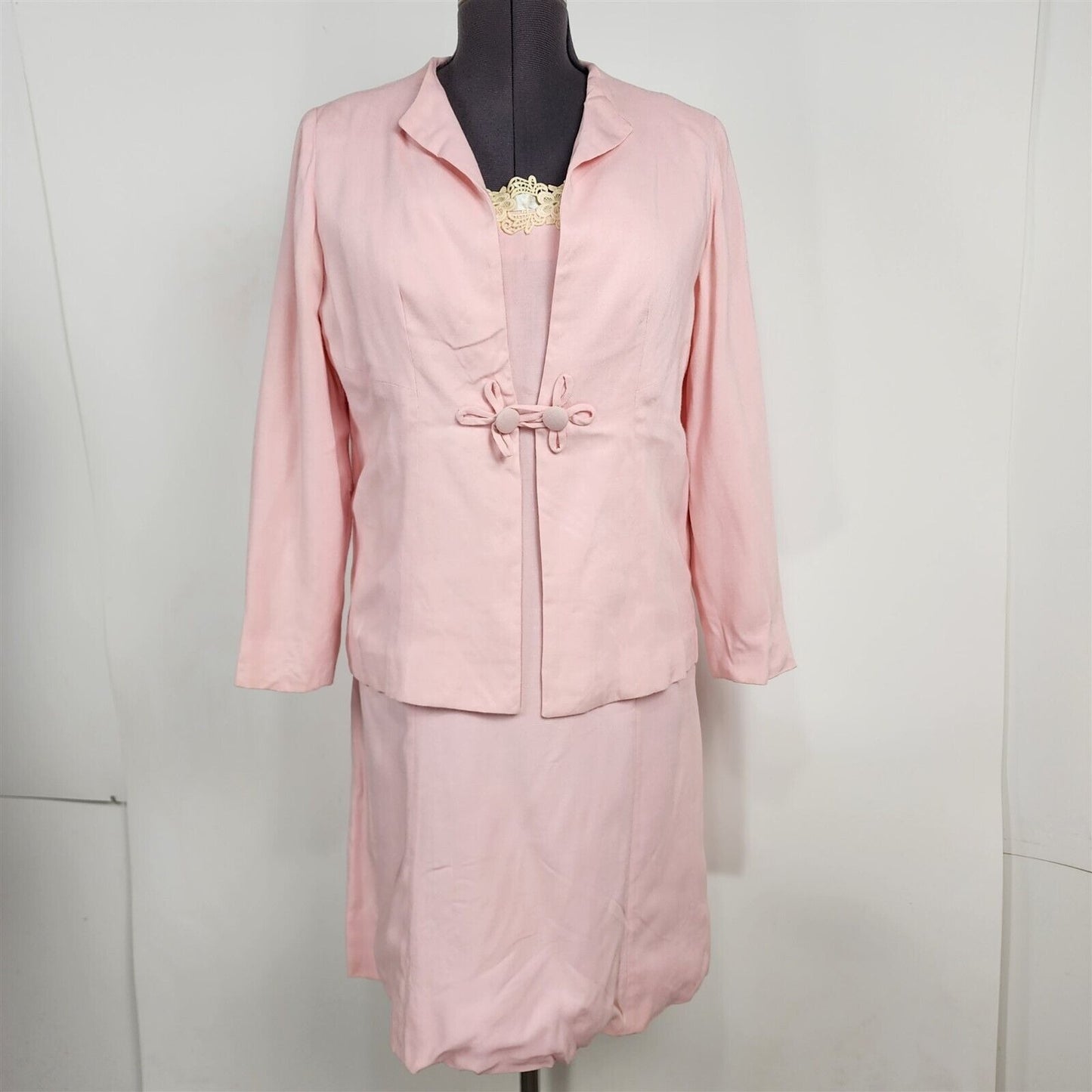 Vintage Light Pink Dress & Jacket Set Lace Trim Frog Closure Size L/XL Volup