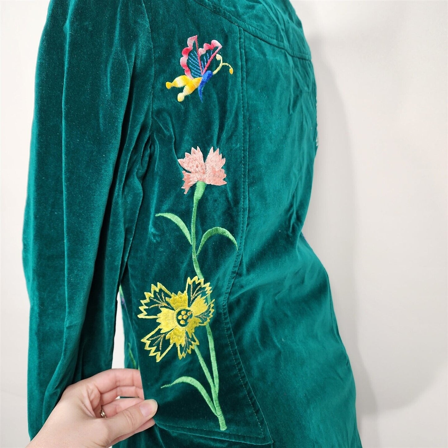 Vintage Di Costa Green Embroidered Button Front Velvet Top Blouse