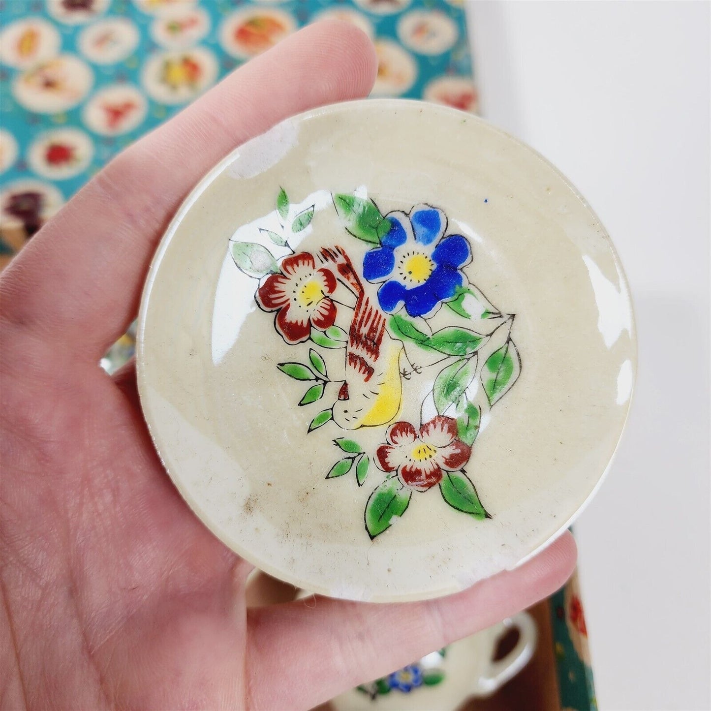 Vintage 7 Piece Lusterware Childs Tea Set Cream Floral Dishes in Original Box