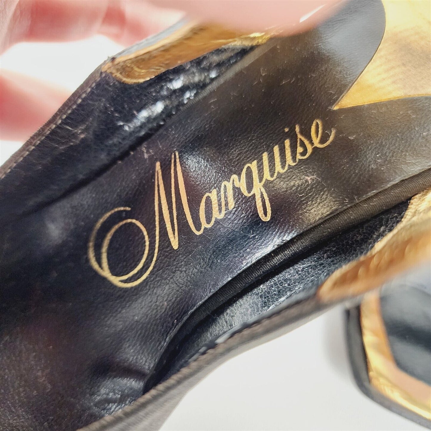 Vintage Marquise Black Slingback Canvas Pumps Heels Shoes Size 8