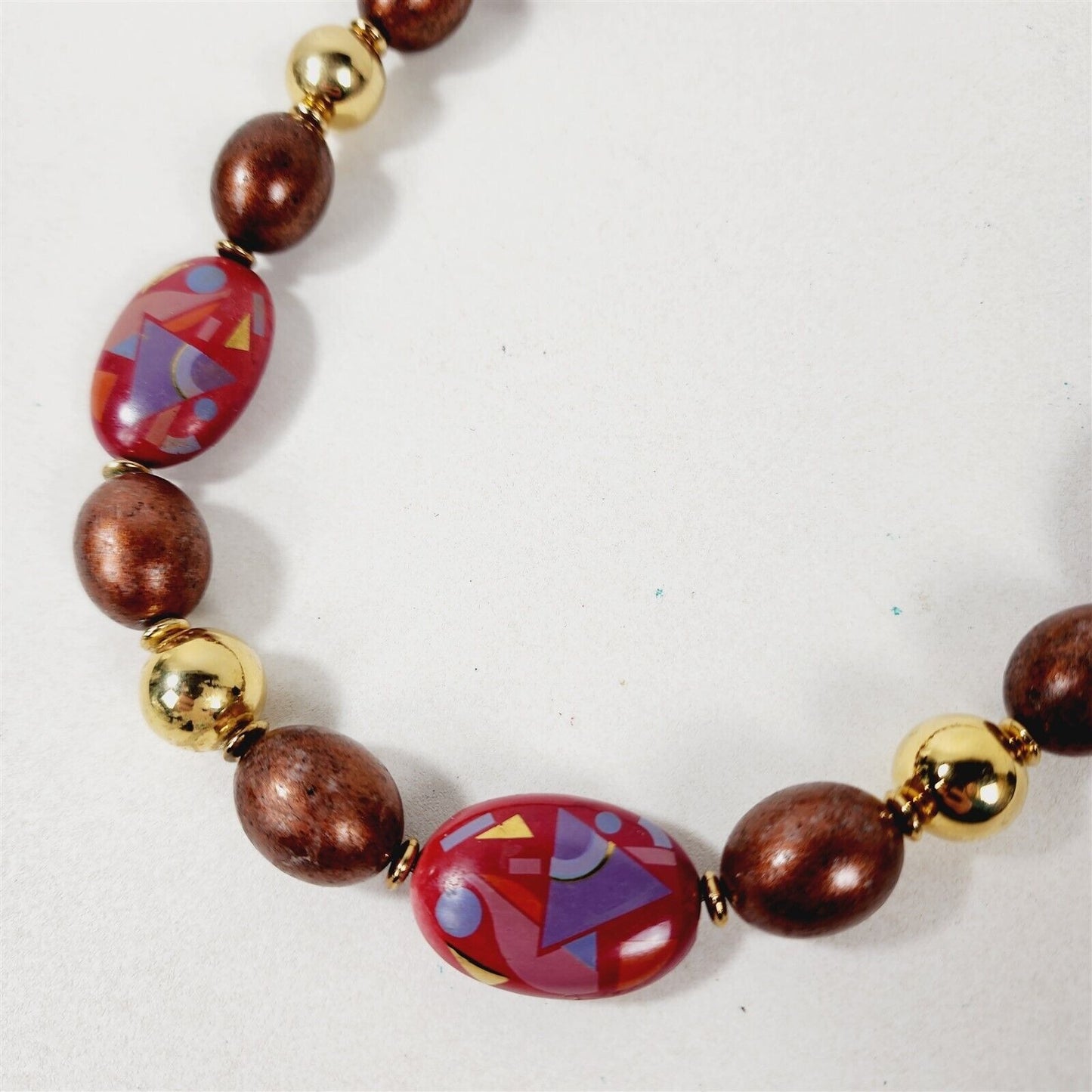 Vintage Copper Tone Beaded Necklace with Painted Abstract & Gold Accent Necklace