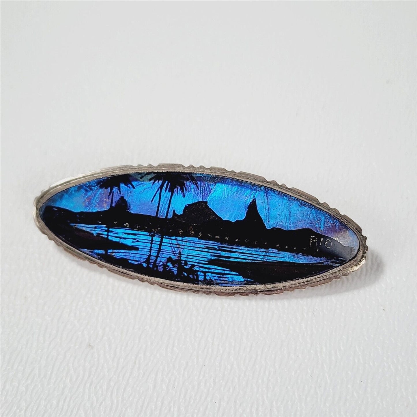 Vintage 900 Sterling Silver Butterfly Wing Rio Beach Palm Tree Scene Brooch Pin