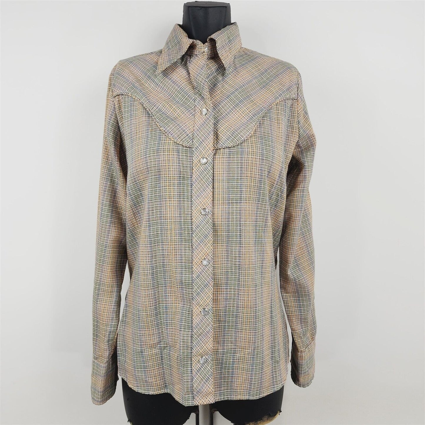 Vintage Wrangler Pastel Plaid Western Shirt Pearl Snaps Womens Size 34