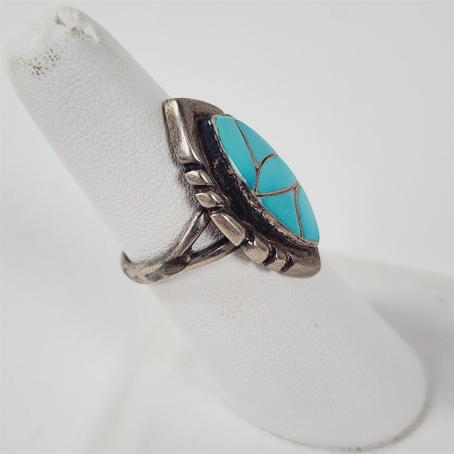 Vintage 925 Sterling Silver Turquoise Inlay Southwest Old Pawn Ring Size 7.5