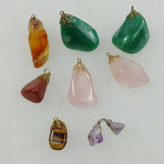 9 Natural Gemstone Pendants Rose Quartz Green Aventurine Tiger Eye Goldstone