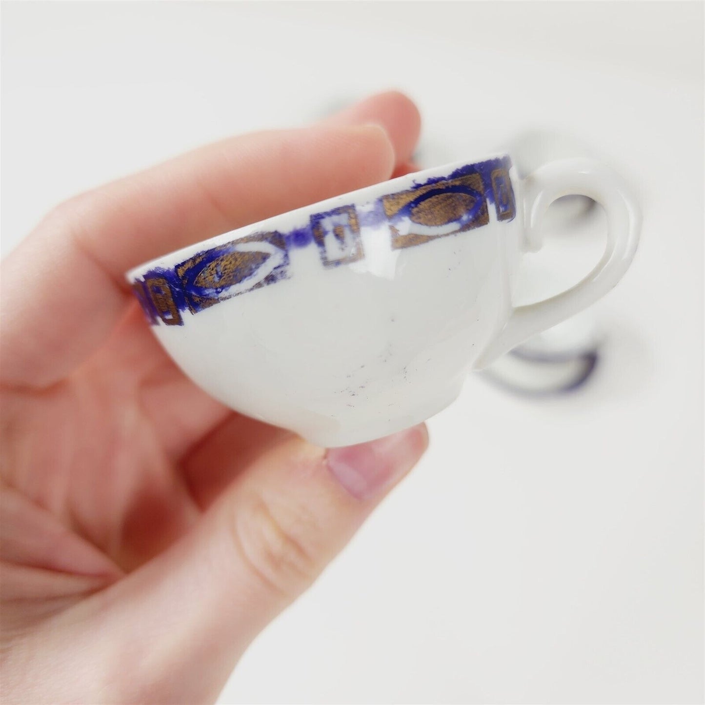 Vintage 10 Piece Ceramic Childs Tea Set Cups Plates Blue Gold & White