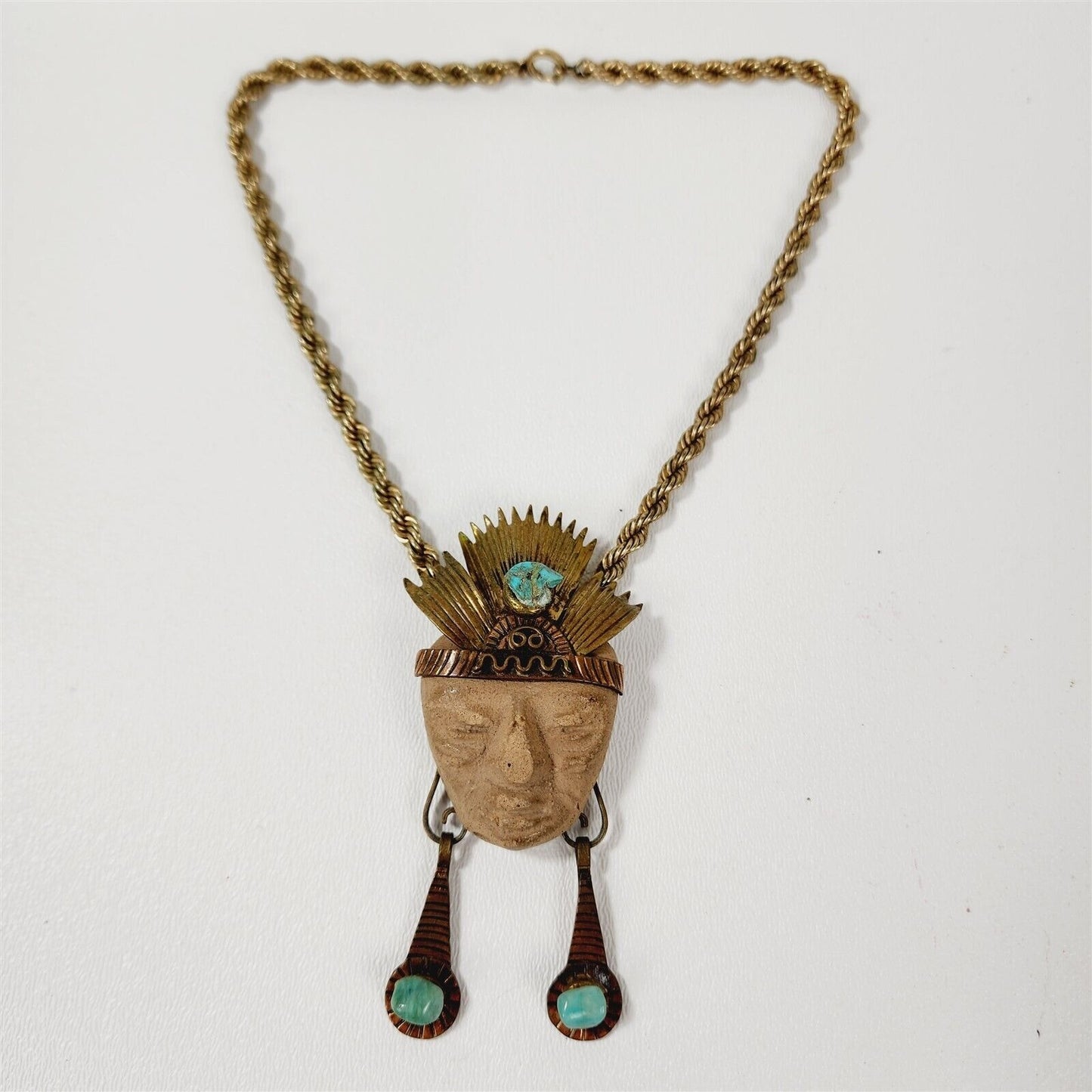 Vintage Aztec Warrior Face Brooch Pendant Ethnic Tribal Necklace