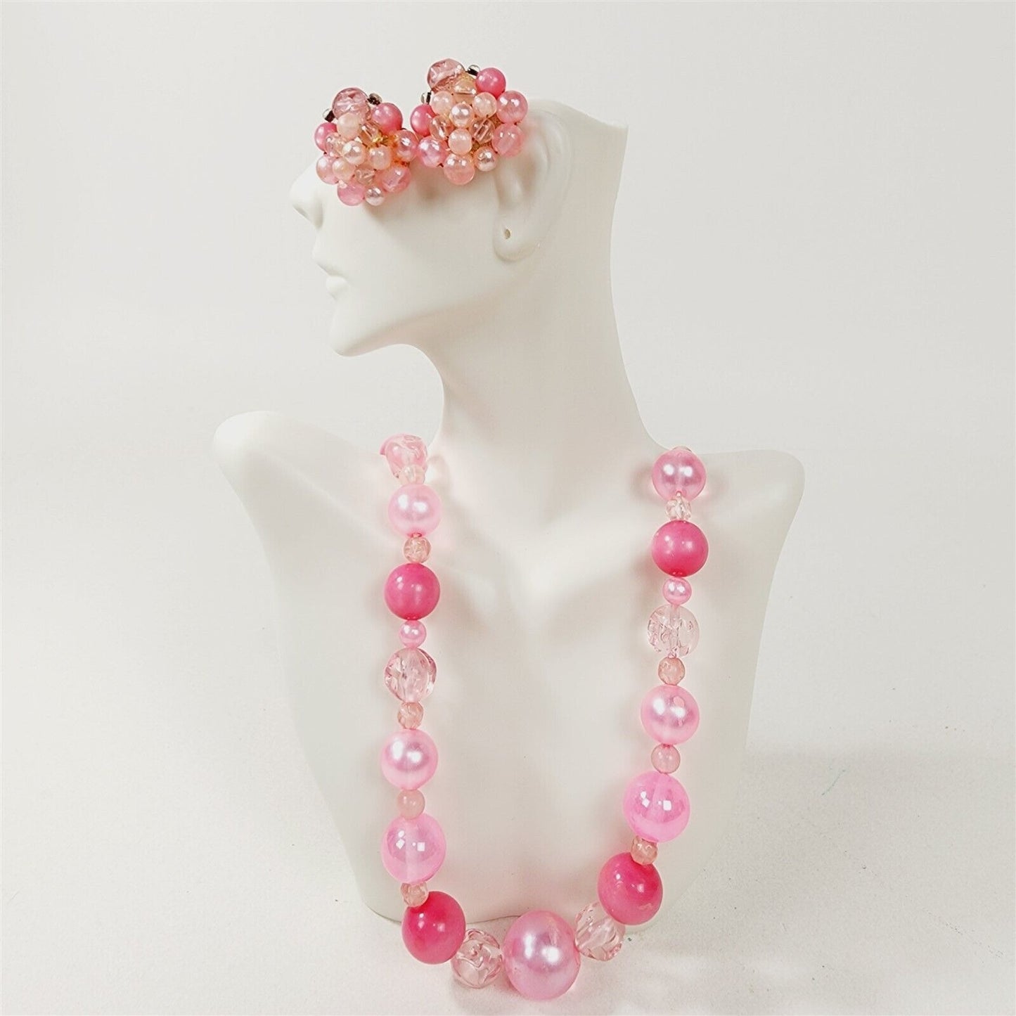 Vintage Pink Beaded Necklace with Cluster Clip On Earrings