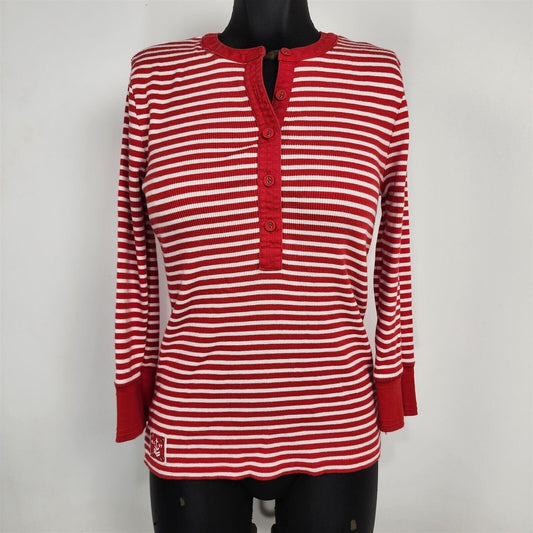 Vintage Red & White Striped 3/4 Sleeve Henley Sweater Womens XS