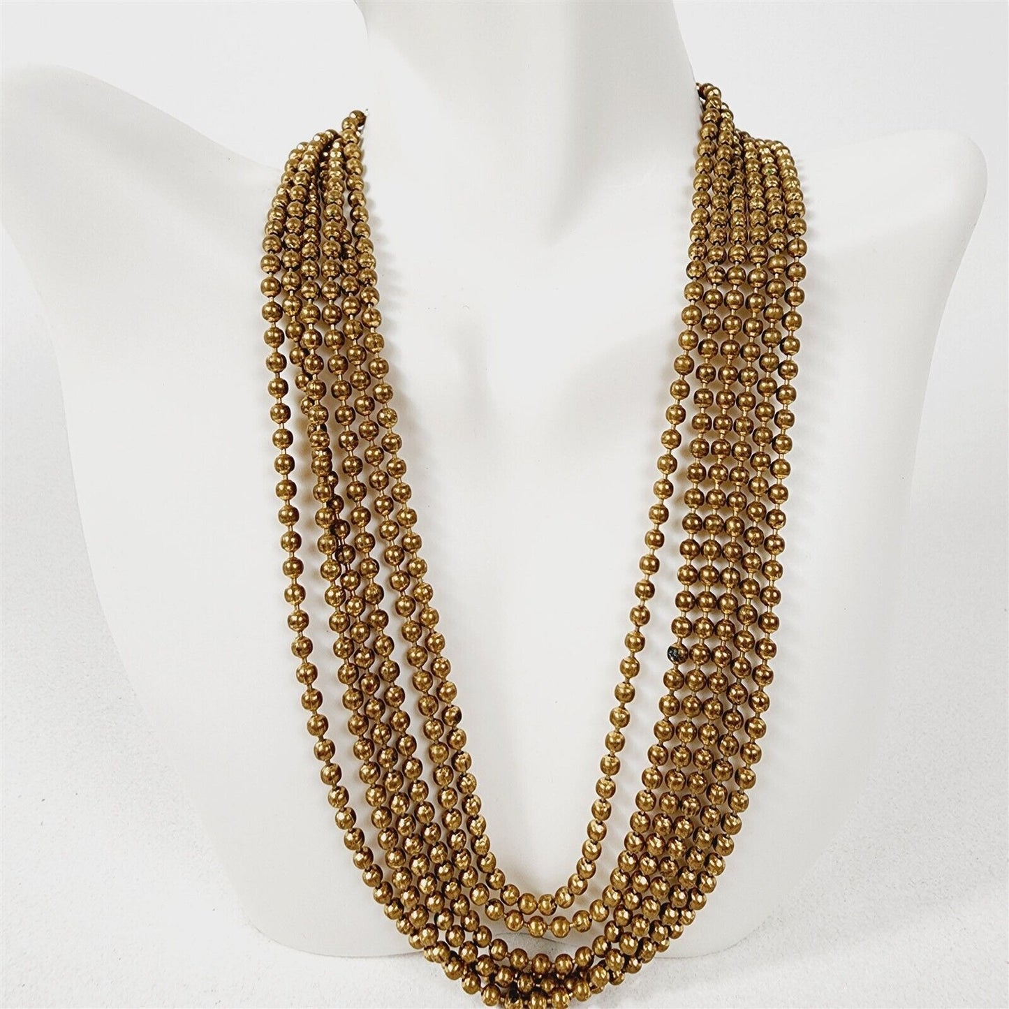 Vintage Metal Chain Bead 6 Strand Layered Choker Necklace Gold Brass Tone - 15"