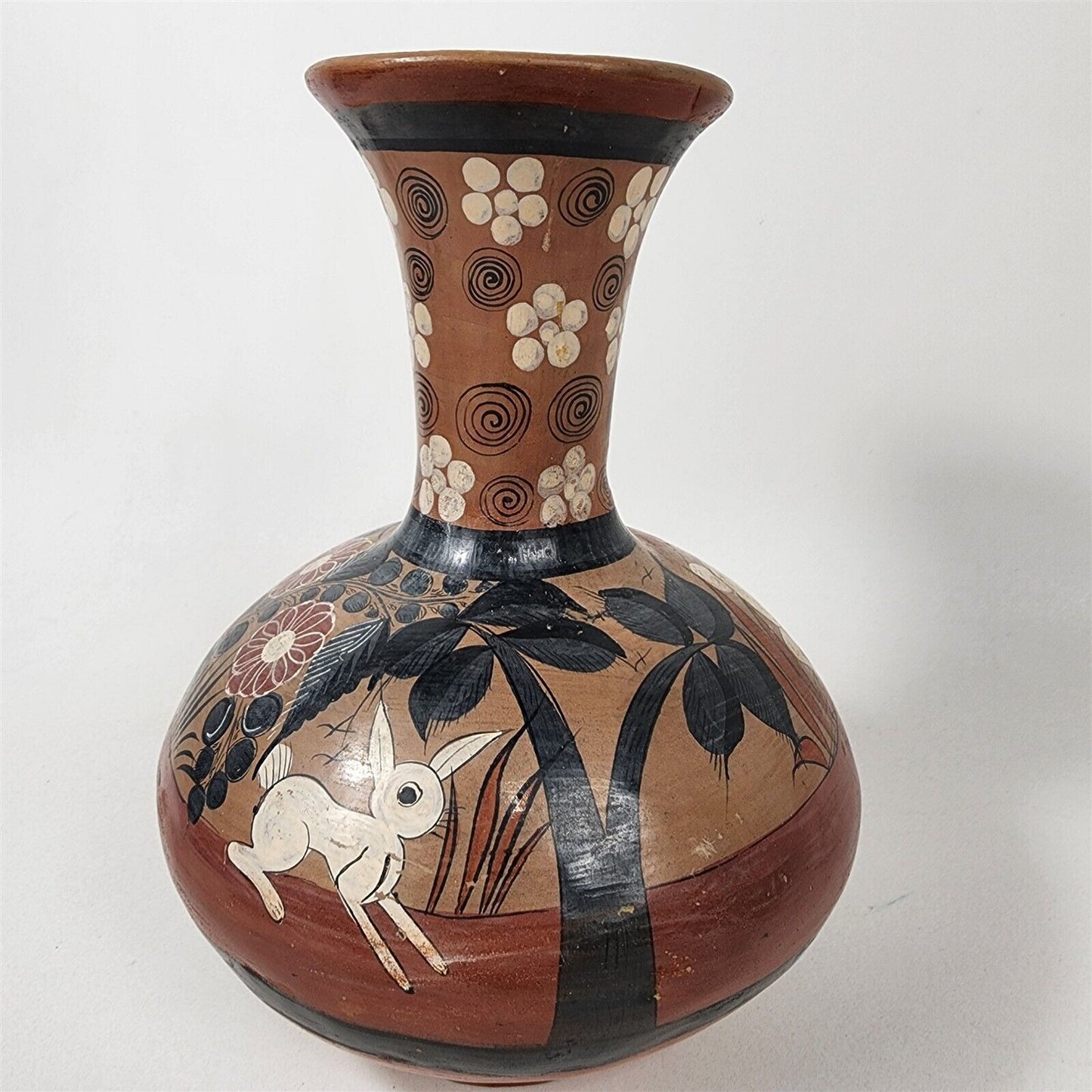 Vintage Tonala Mexican Pottery Vase Signed Hand Painted Rabbit Deer Folk Art