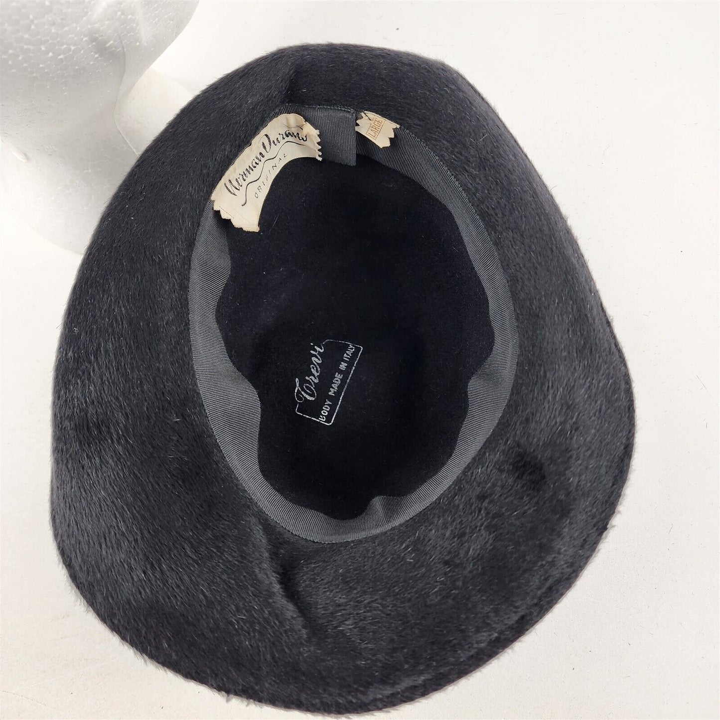 Vintage Norman Durand Womens Black Hat Felt Long Fur Ribbon Grevi Italy