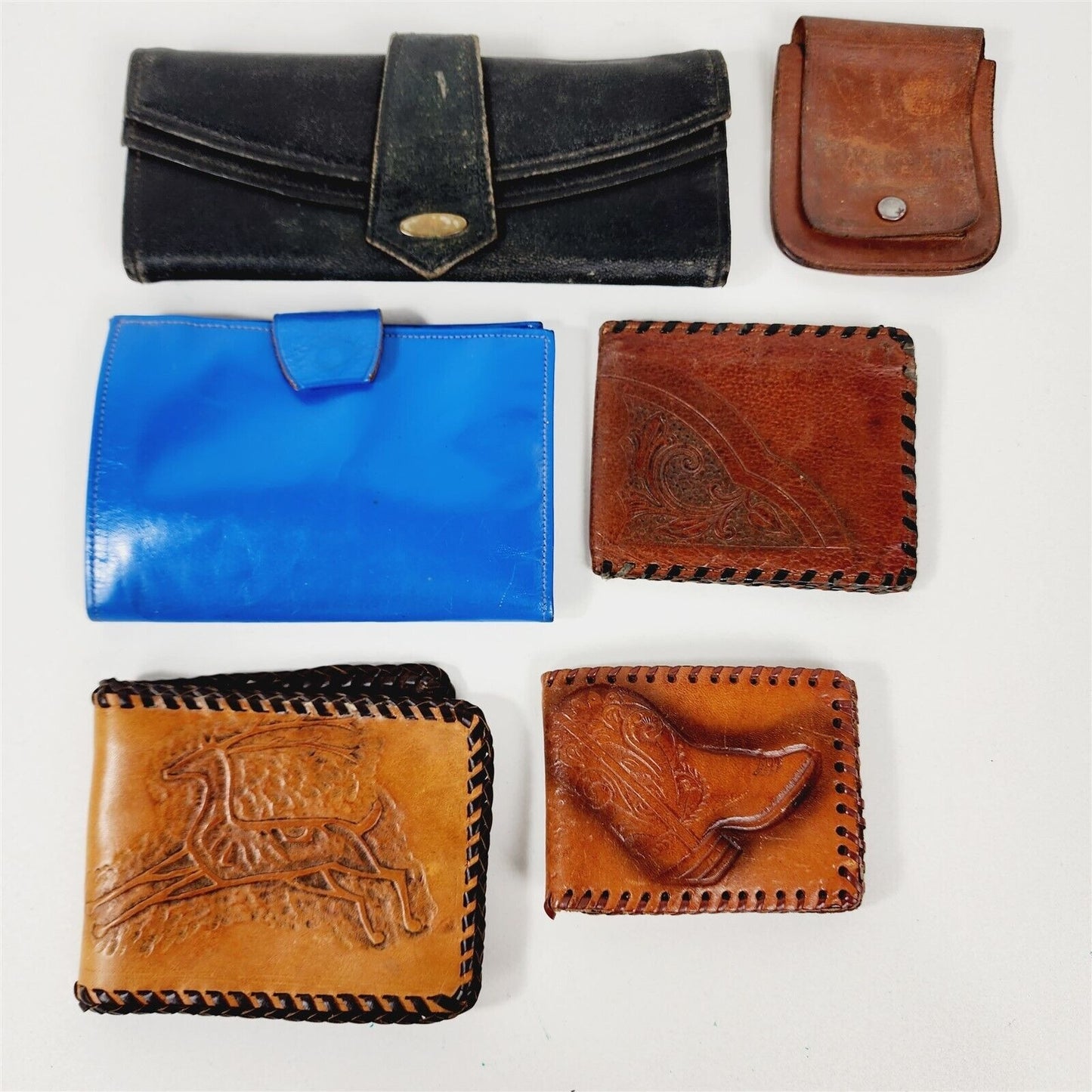 6 Vintage Leather Wallets Tooled Brown Blue Black - 3"-8" wide