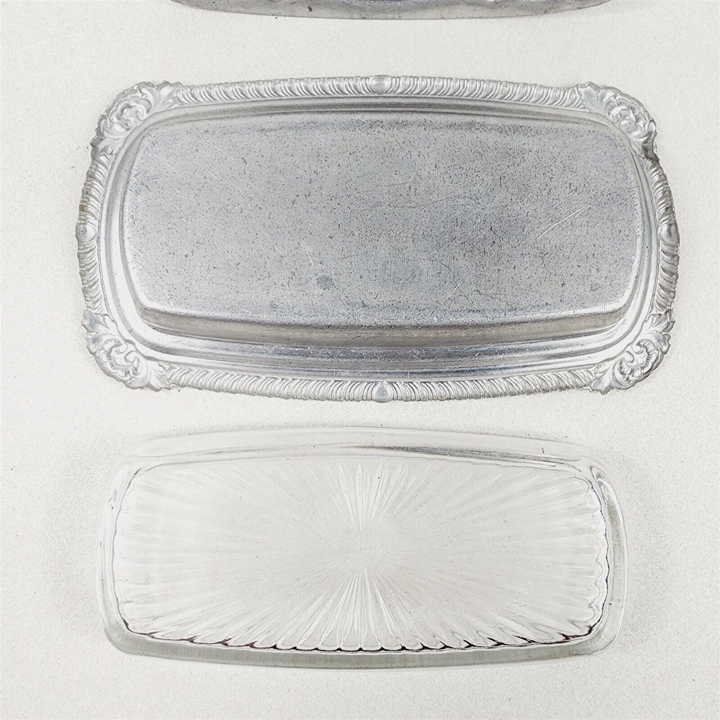 Vintage Aluminum Covered Butter Dish Rose Flower Glass Insert Tray