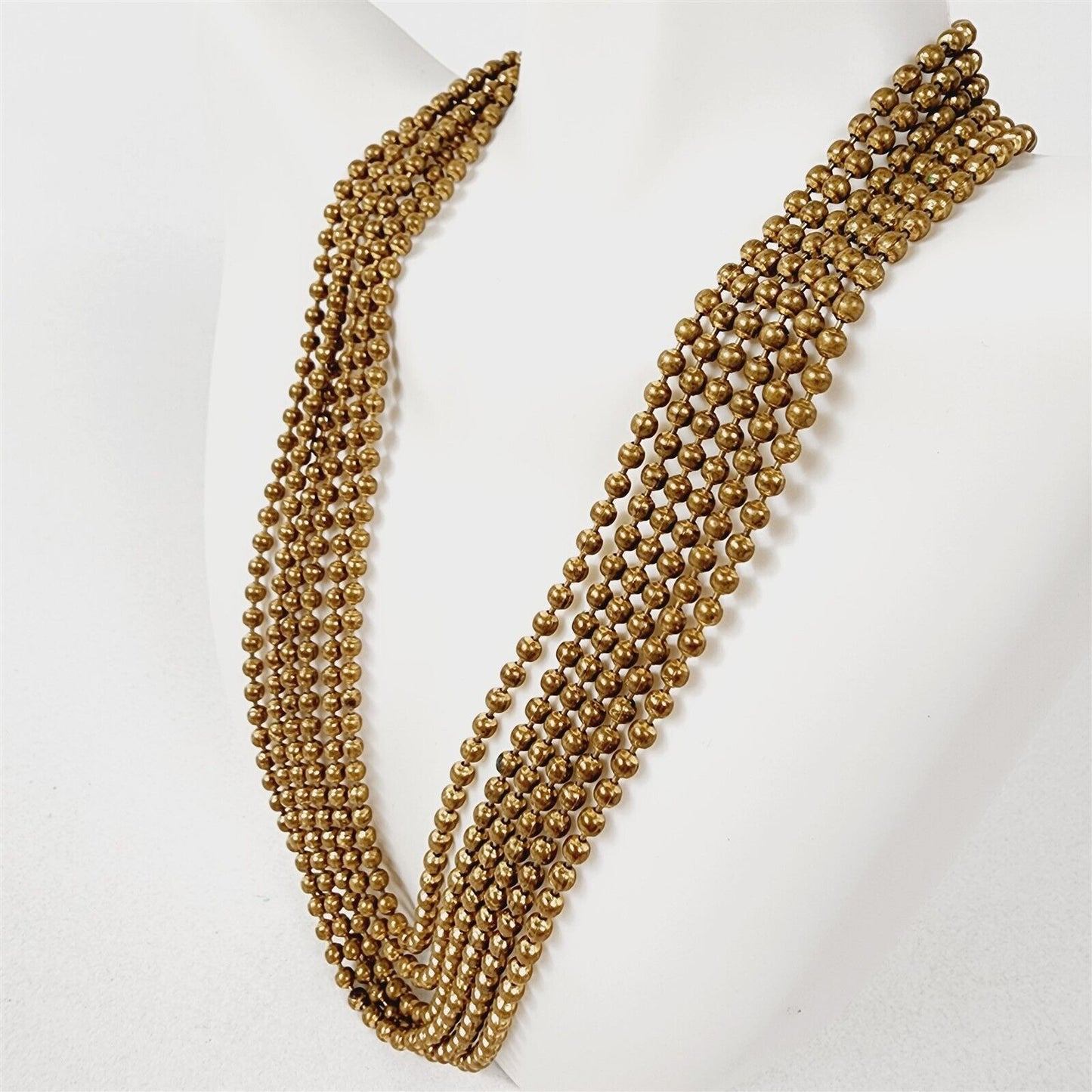 Vintage Metal Chain Bead 6 Strand Layered Choker Necklace Gold Brass Tone - 15"