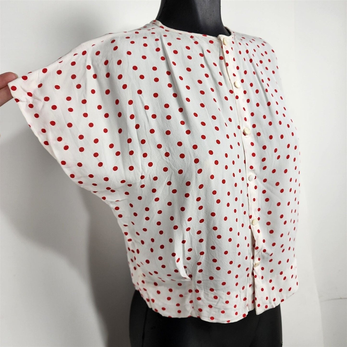 Vintage White w/ Red Polka Dots Short Sleeve Top Blouse Womens S