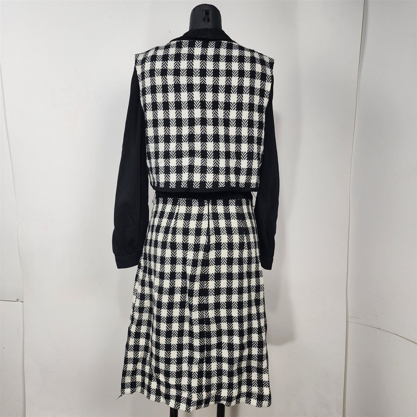 Vintage 1960s Jerrie Lurie Black & White Plaid Turtle Neck Dress w/ Vest