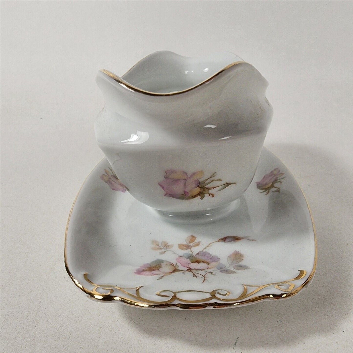 Epiag 02460 Pink & White Flowers Czechoslovakia Gravy Boat w/ Attached Plate