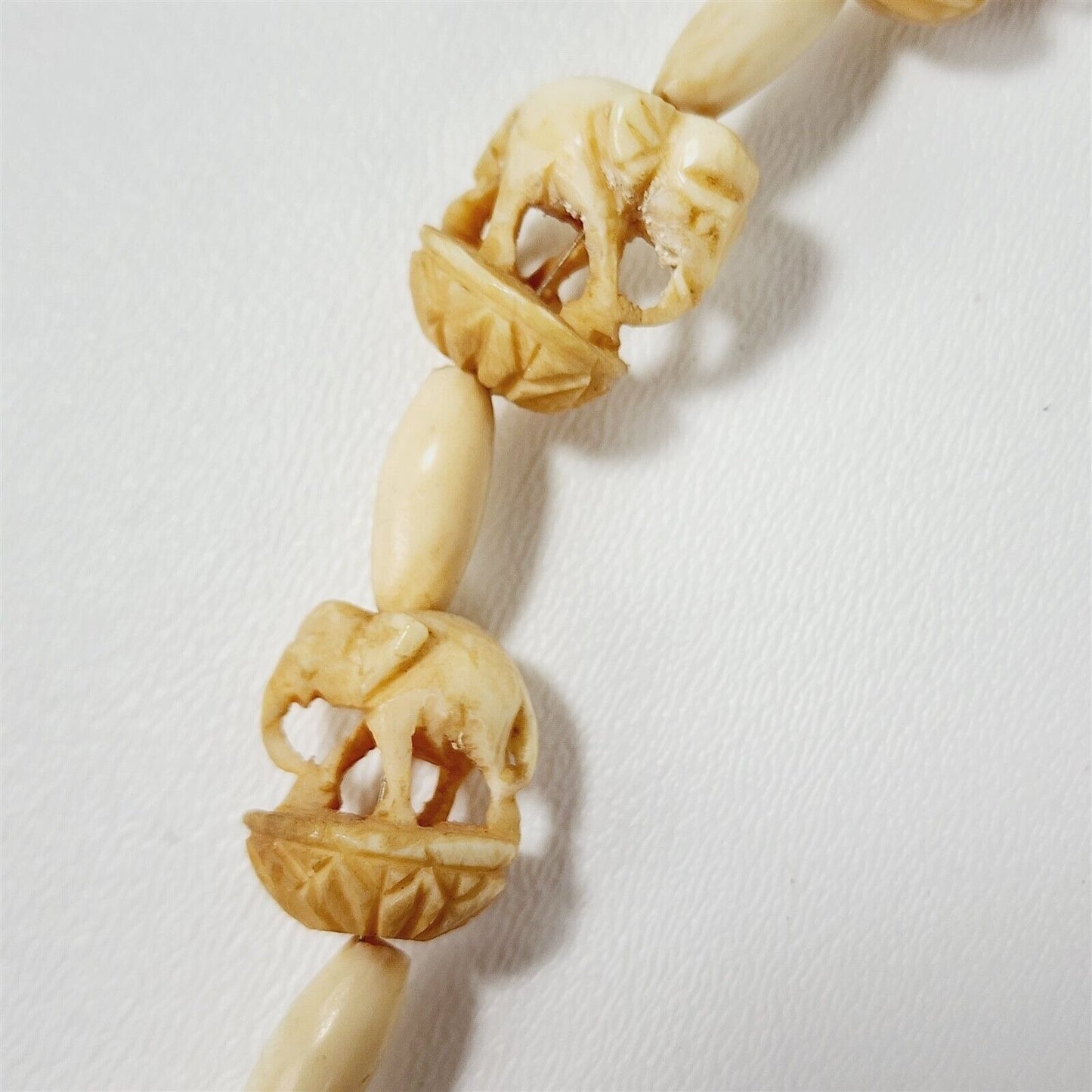 Vintage Asian Elephant Carved Cow Bone Beaded Pendant Necklace