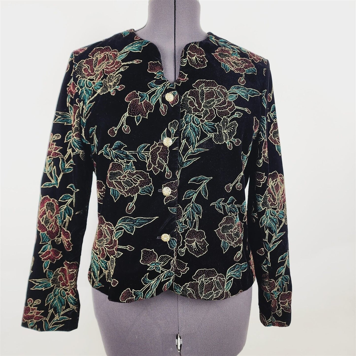 Vintage Norton McNaughton Velvet Floral Button Up Jacket Womens 12P Petite