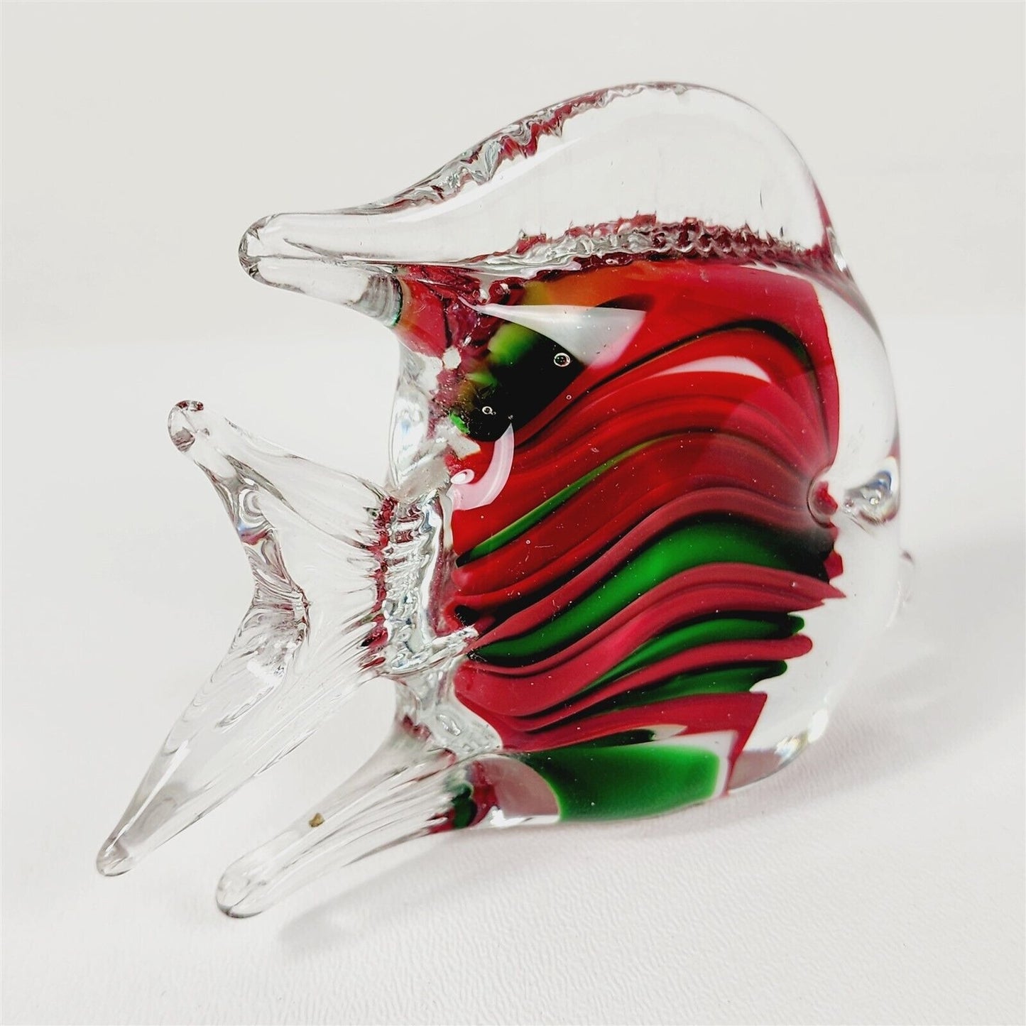 Vintage Glass Fish Shaped Paperweight Red Green White - 4.5" x 3.5"