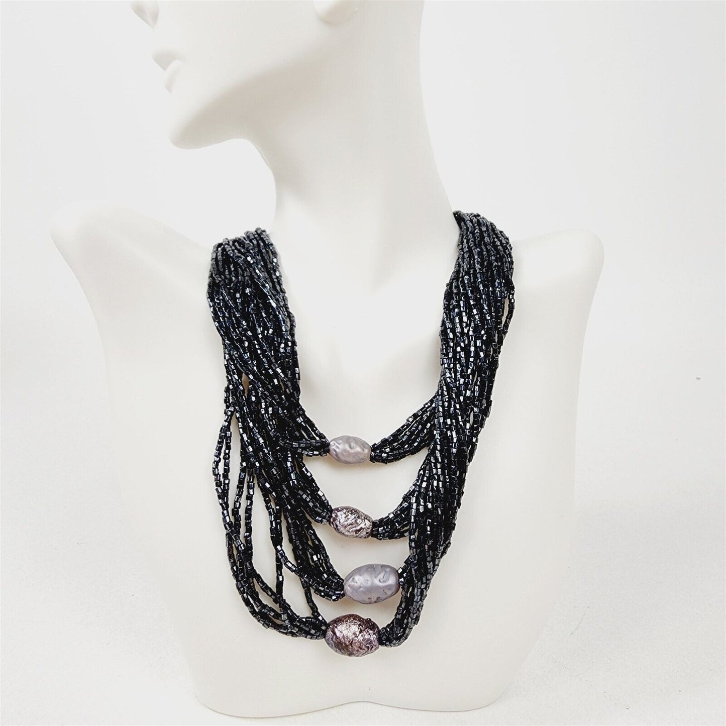 Vintage Black Shiny Seed Bead Layered Necklace with Silver Beaded Accents